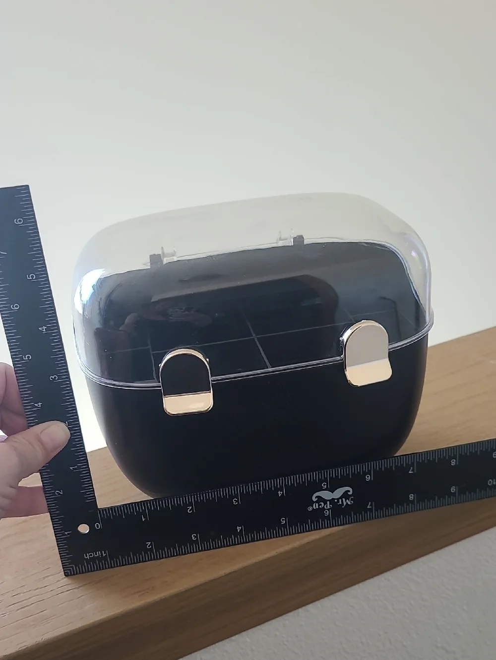 Small Black Cosmetic Organizer with Clear Lid and Gold Accents